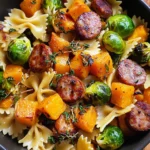 Autumn Dinner with Sausage, Pasta, Brussels Sprouts, and Butternut Squash