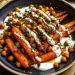 Spicy maple roast carrots with crispy chickpeas and yogurt sauce